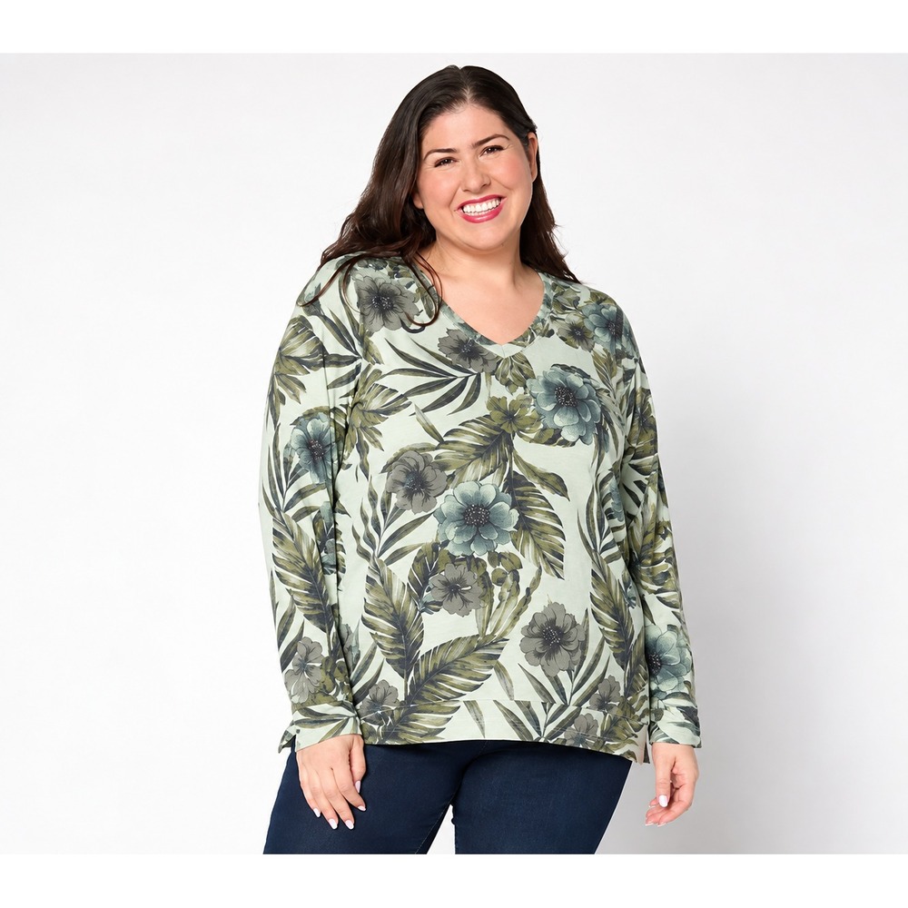 Denim & Co. Soft Blend Knit Printed Long Sleeve V-Neck Top Pale Sage/Black, XL